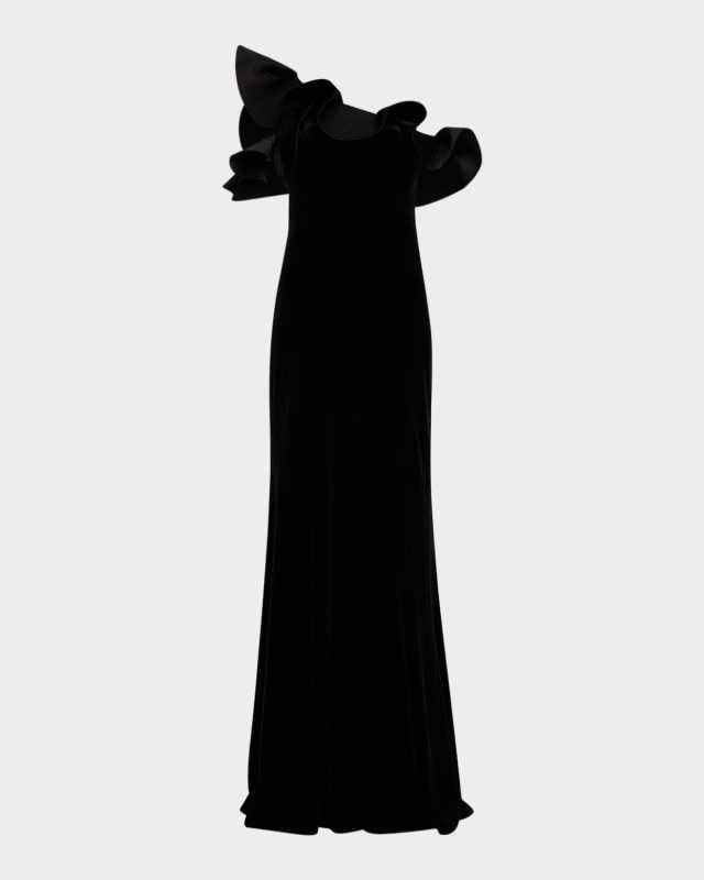 One-Shoulder Ruffle Stretch Velvet Gown