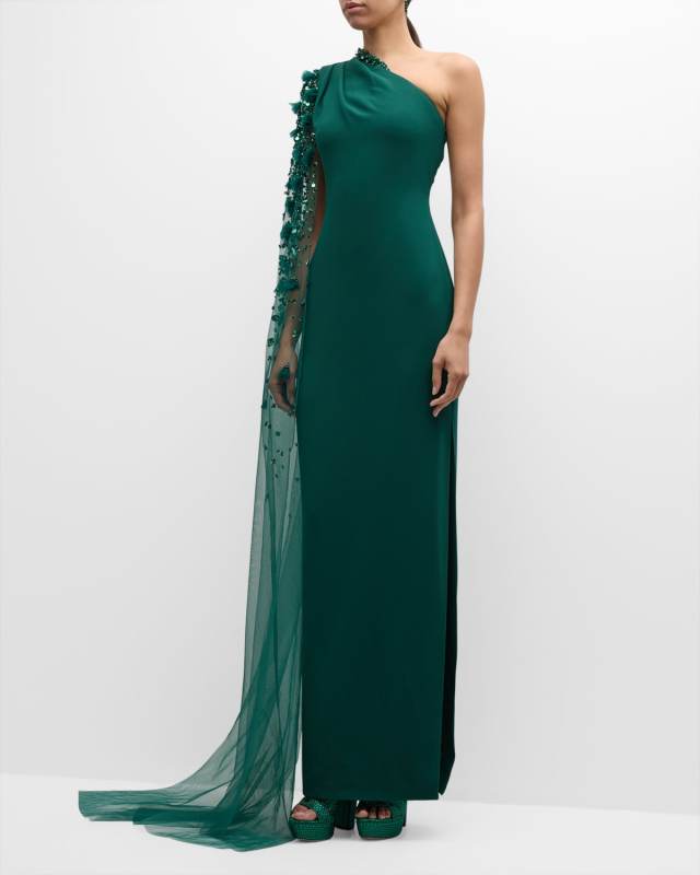 Asymmetric Beaded Tulle Cape-Sleeve Crepe Gown