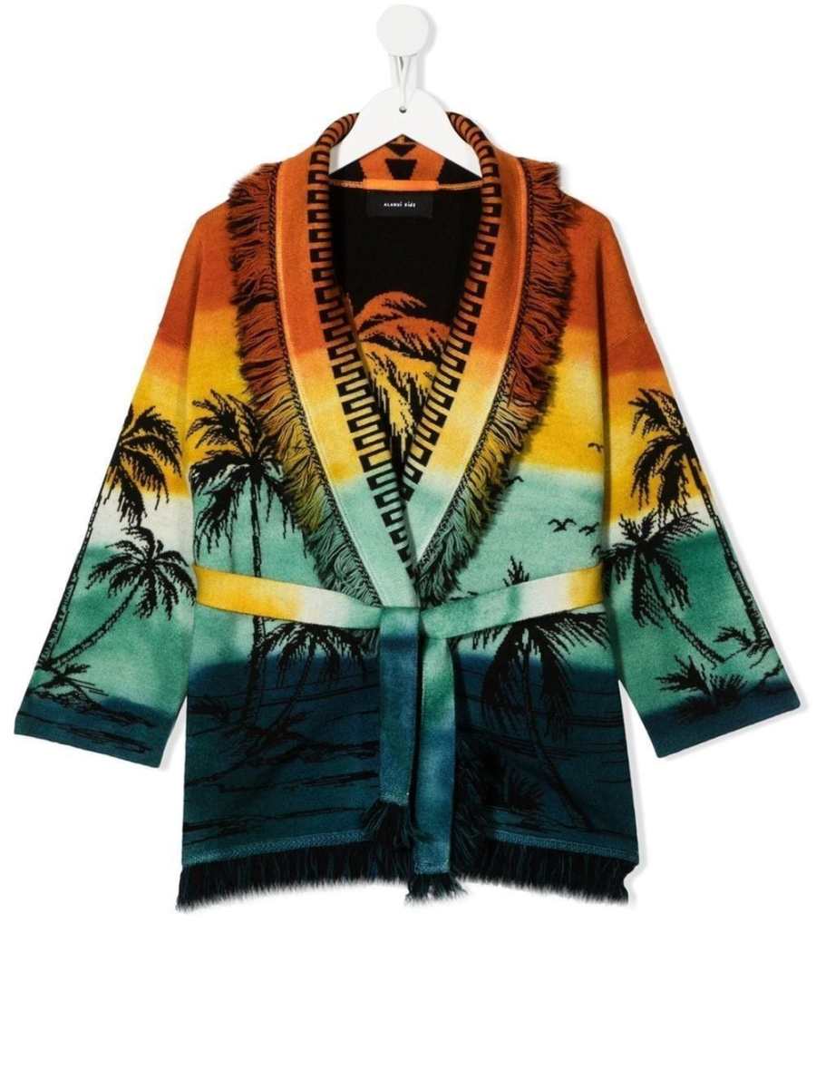 palm tree-print fringed cardigan