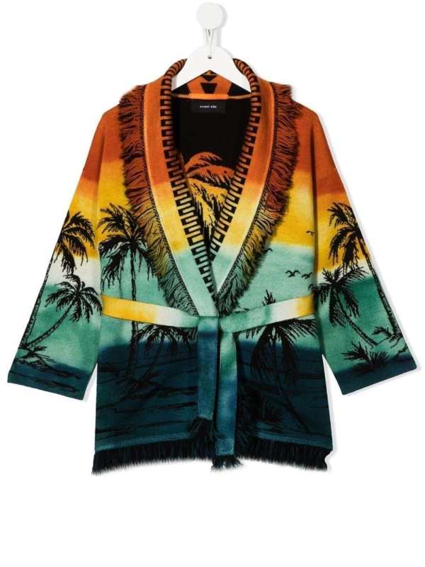 palm tree-print fringed cardigan