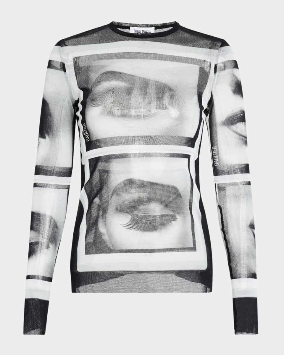 Eyes And Lips Print Long-Sleeve Mesh Top