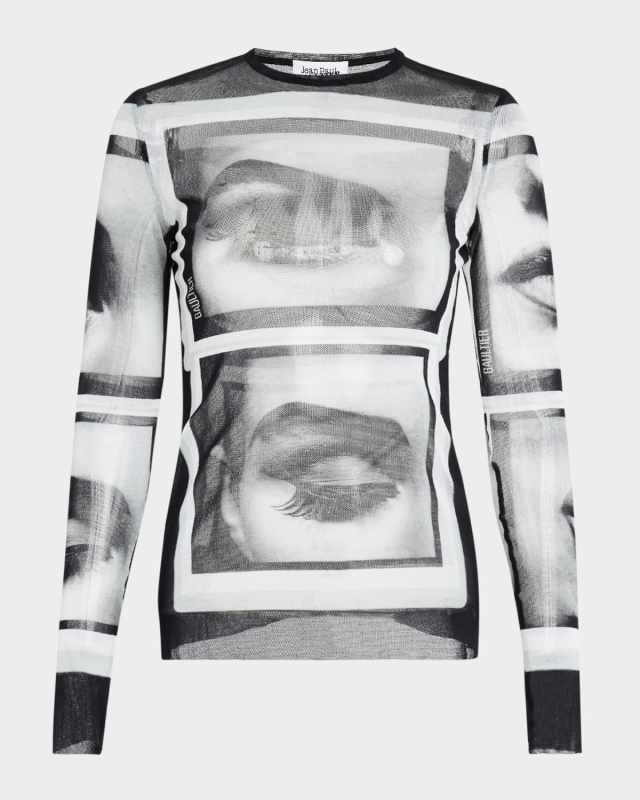 Eyes And Lips Print Long-Sleeve Mesh Top