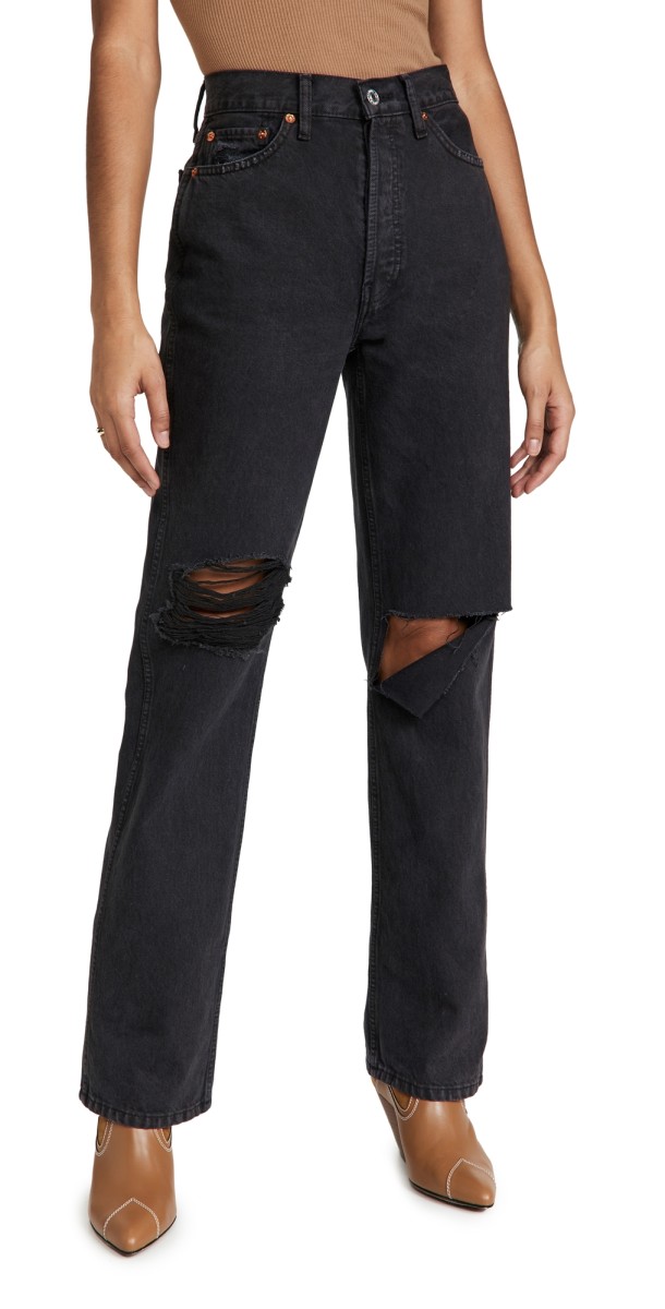 RE/DONE High Rise Rigid Loose Jean Washed Black with Rips