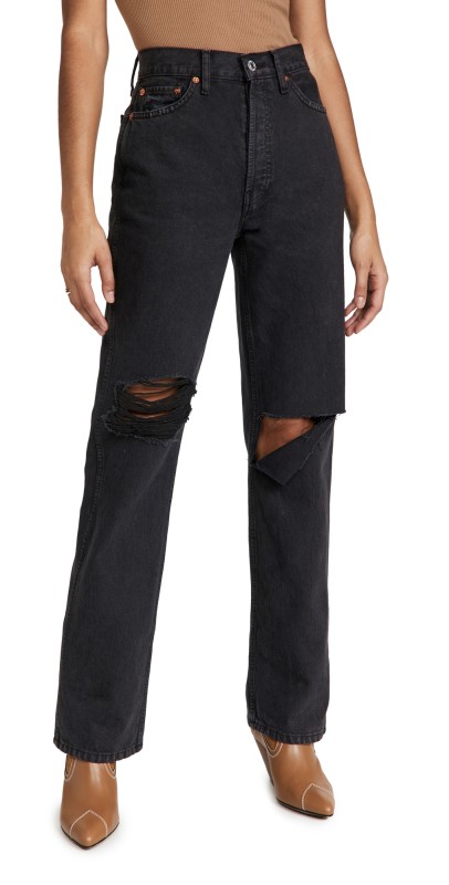 RE/DONE High Rise Rigid Loose Jean Washed Black with Rips