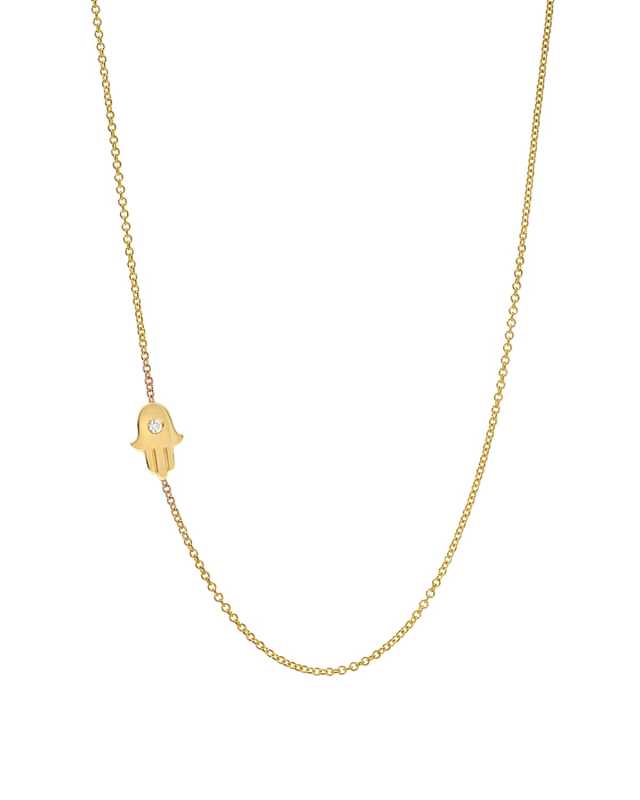 14k Gold Asymmetric 1-Diamond Hamsa Necklace