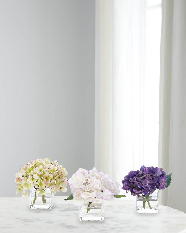 Hydrangea 6" Faux Floral Arrangement in Glass Cube, Set of 3