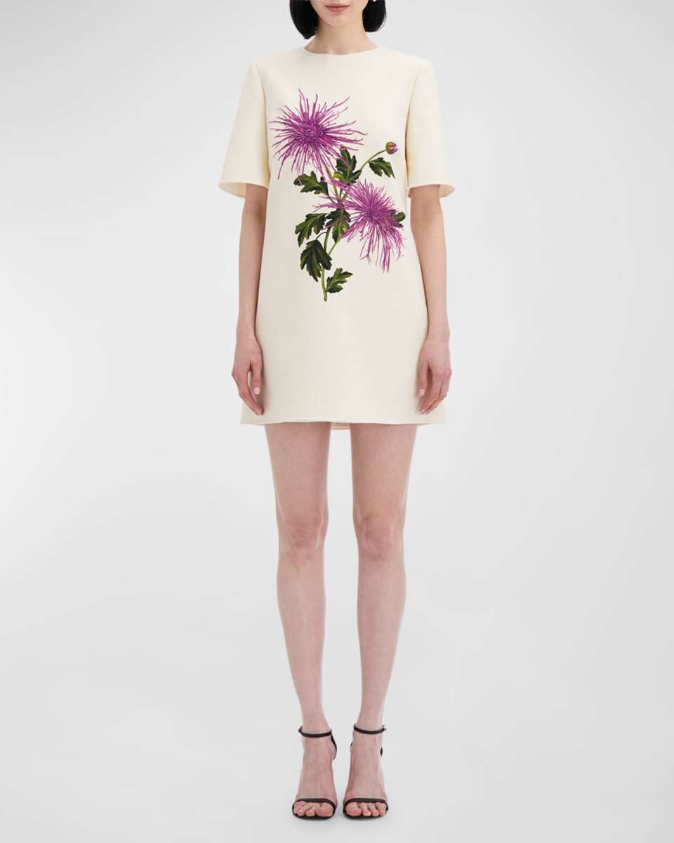 Chrysanthemum-Print Short-Sleeve Wool Mini Shift Dress