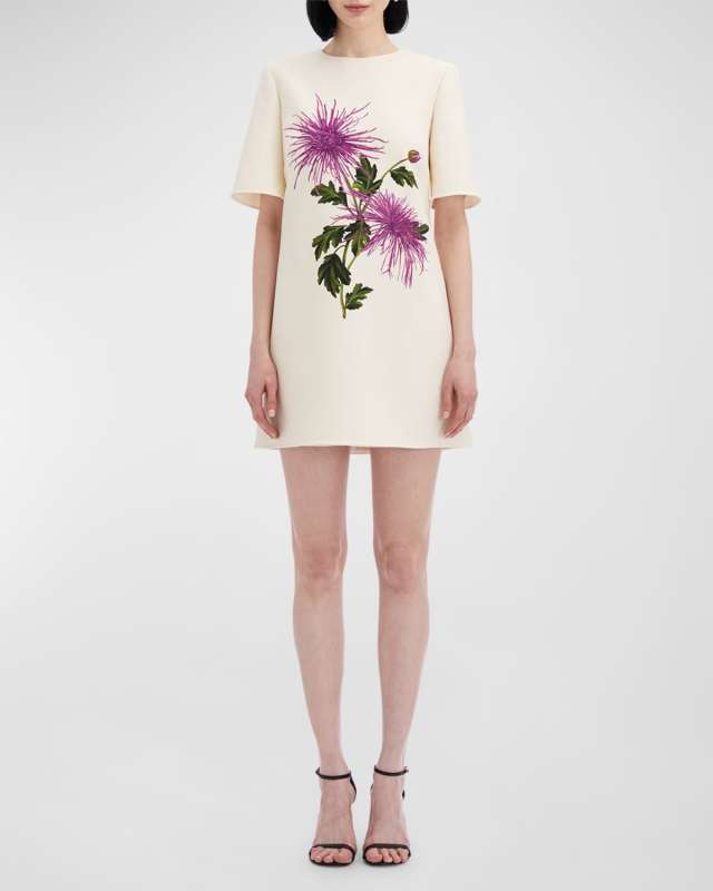 Chrysanthemum-Print Short-Sleeve Wool Mini Shift Dress
