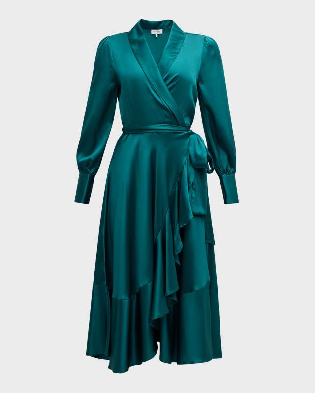 Vitah Ruffle Silk Satin Midi Wrap Dress