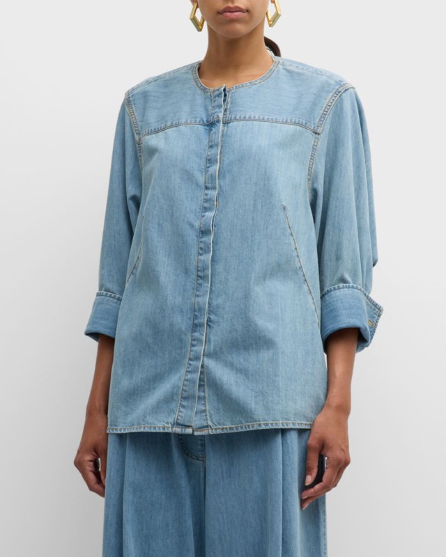 Clarissa Denim Button-Down Crewneck Shirt