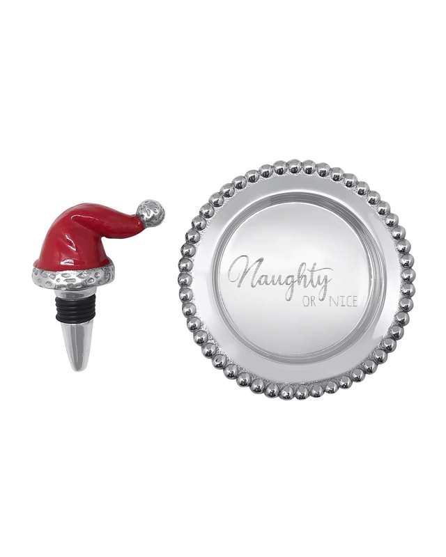 Red Santa Hat Bottle Stopper & Naughty Or Nice Wine Plate Gift Set