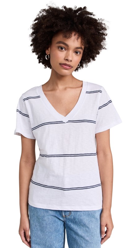 Z Supply Girlfriend Twin Stripe V Neck Tee White