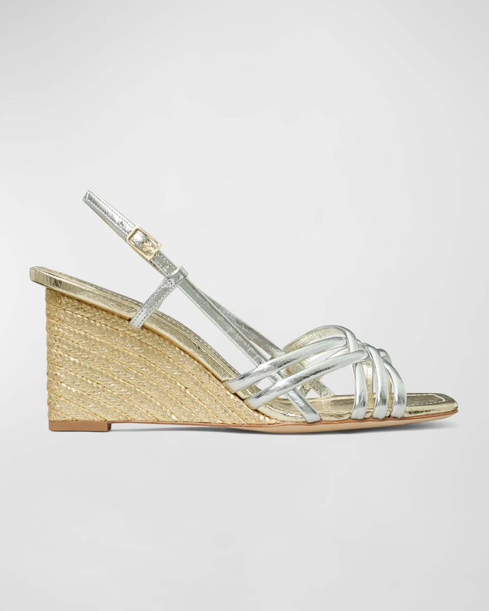 Metallic Multi-Strap Slingback Wedge Sandals