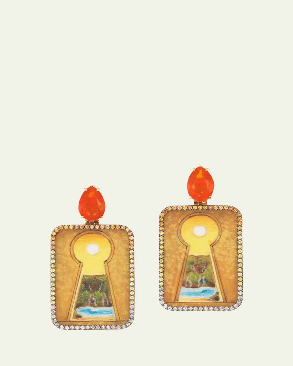 18K Yellow Gold Mini Painting Earrings with Sapphire, Fire Opal, and Diamonds
