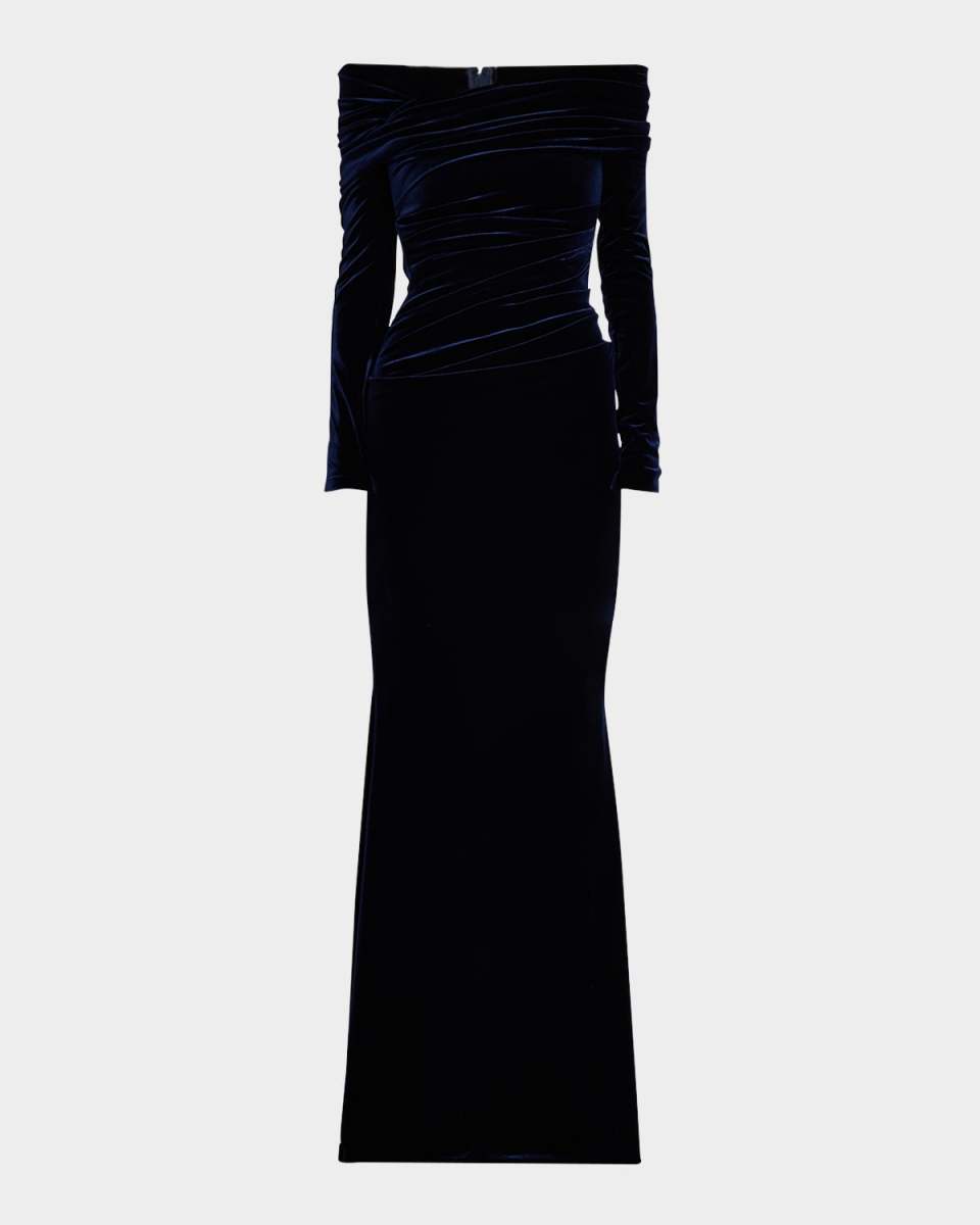 Off-the-Shoulder Stretch Velvet Long-Sleeve Gown