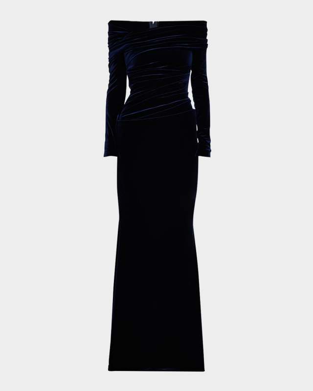 Off-the-Shoulder Stretch Velvet Long-Sleeve Gown
