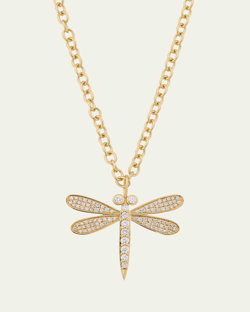 14K Yellow Gold Large Dragonfly Charm Necklace with Diamonds