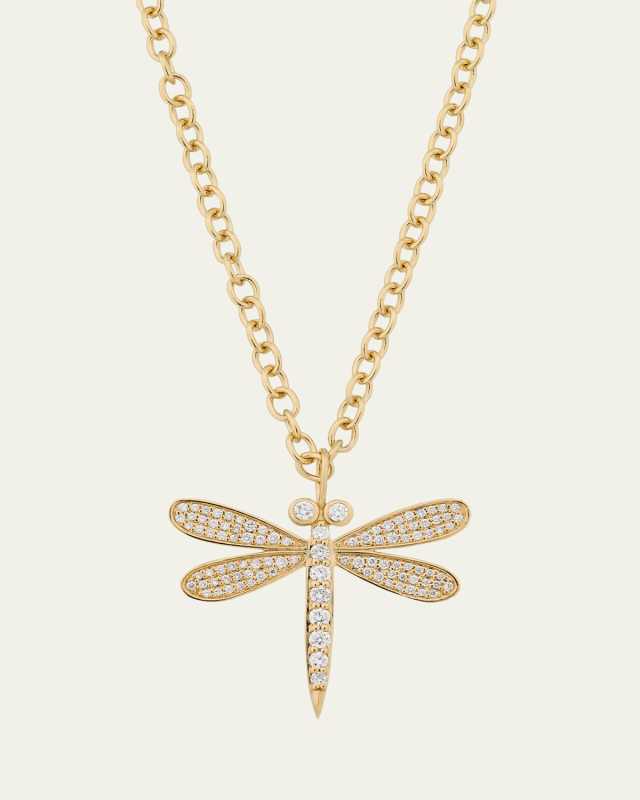 14K Yellow Gold Large Dragonfly Charm Necklace with Diamonds