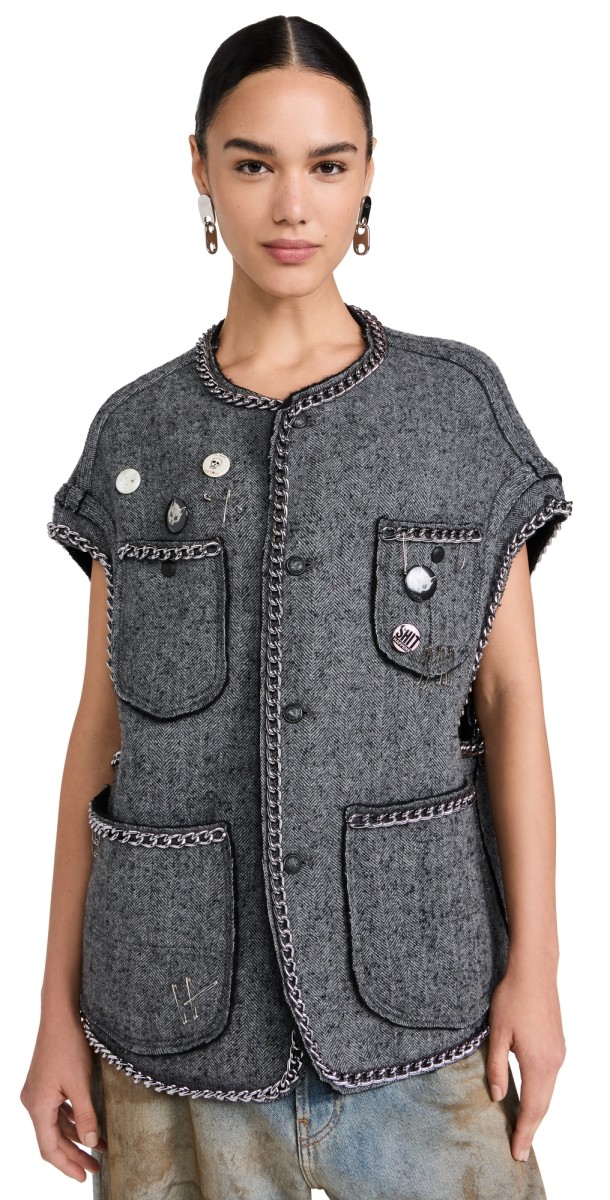 R13 Sleeveless Chore Jacket Grey Herringbone