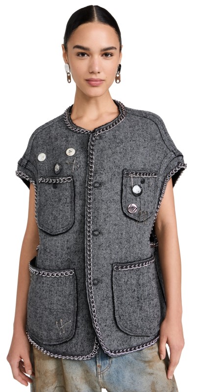 R13 Sleeveless Chore Jacket Grey Herringbone