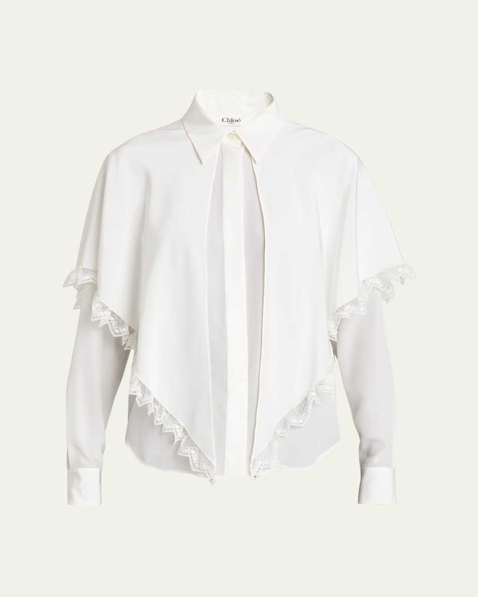 Button Down Crepe De Chine Lace Trim Blouse