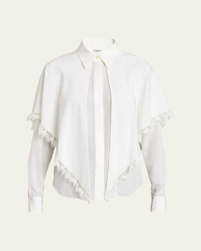 Button Down Crepe De Chine Lace Trim Blouse