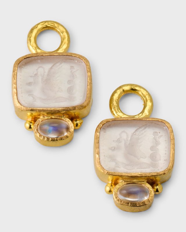 19K Yellow Gold Venetian Glass Intaglio Cabochon Earring Pendants