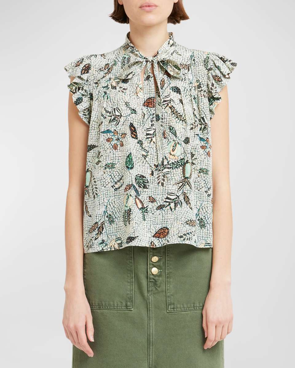 Callie Flutter-Sleeve Silk Tie-Neck Top