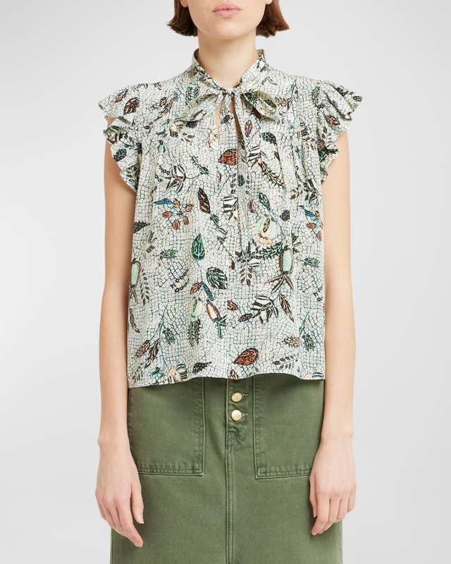 Callie Flutter-Sleeve Silk Tie-Neck Top