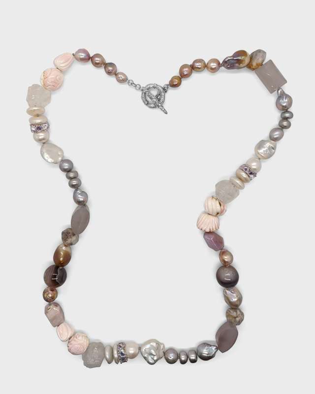 Conch Shell, Moon Quartz and Pearl Necklace, 39"L