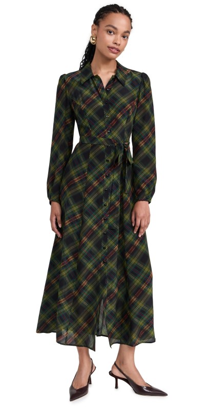 SALONI Vanessa-B Dress Tartan Olive Diagonal