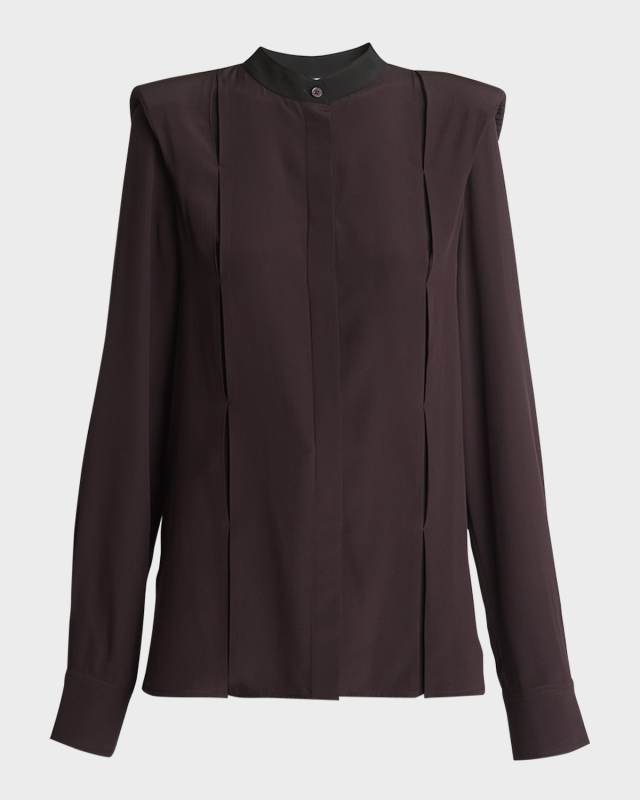 Contrast-Collar Strong-Shoulder Silk Blouse