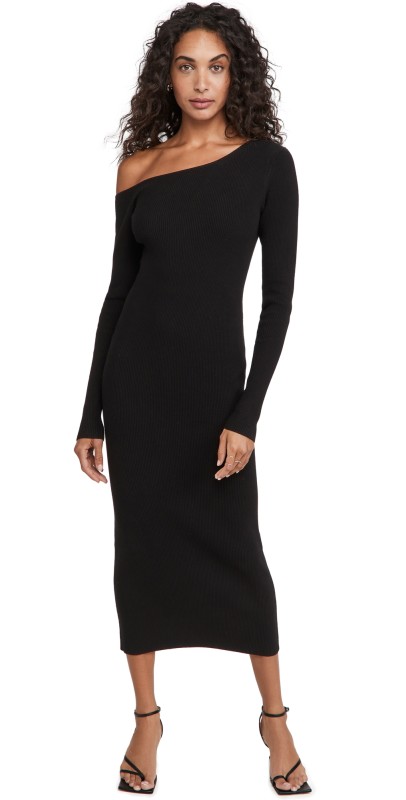 LAPOINTE One Shoulder Long Sleeve Midi Dress Black