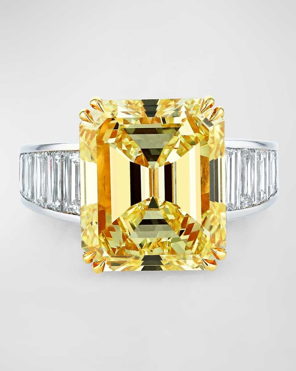 Platinum and 18K Yellow Gold Yellow Emerald Cut Diamond Ring with White Diamond Trapezoid Channel Sides, Size 6.5, 30.64tcw