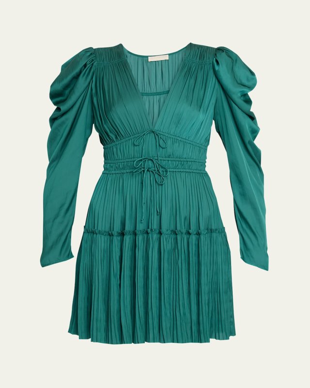 Lu Puff-Sleeve Pleated Satin Mini Dress