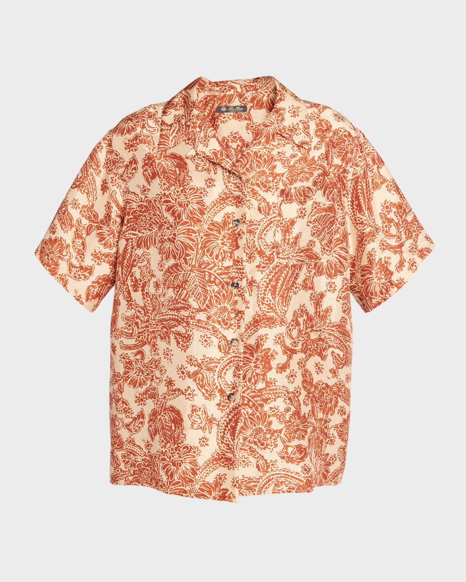 Isoble Woodblock Botanic-Print Silk Short-Sleeve Shirt