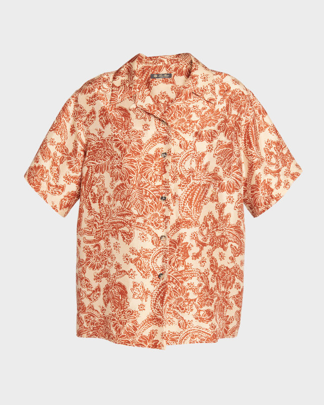 Isoble Woodblock Botanic-Print Silk Short-Sleeve Shirt