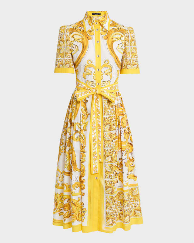 Brocade Print Poplin Midi Shirtdress with Tie Belt