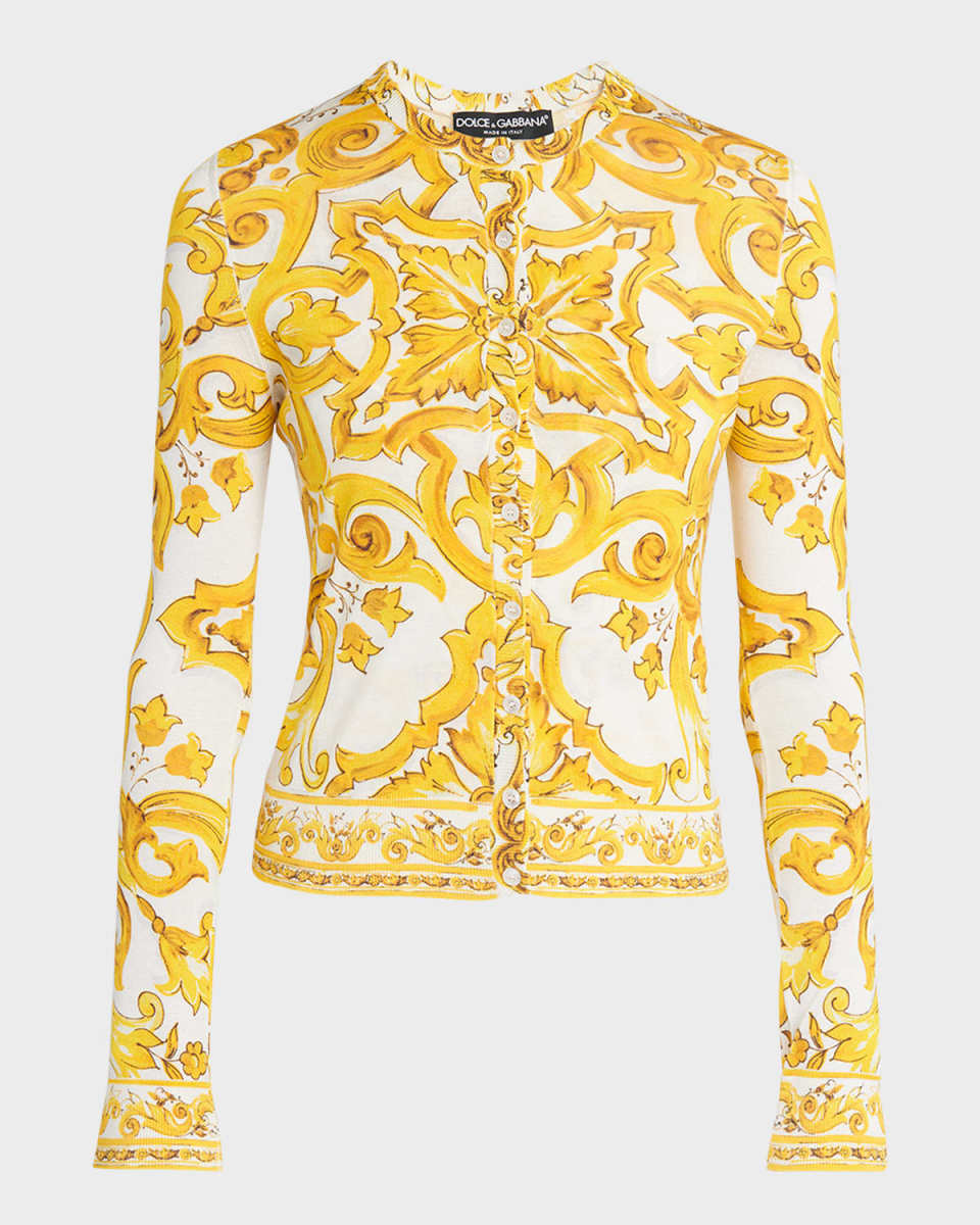 Brocade Print Knit Button-Front Sweater