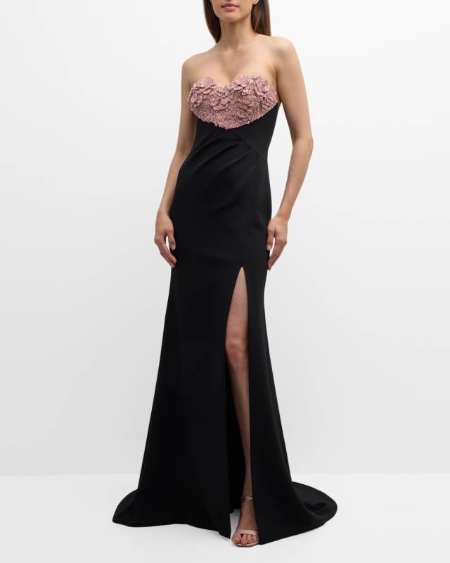 Crystal Flower Empire-Waist Slit Trumpet Gown