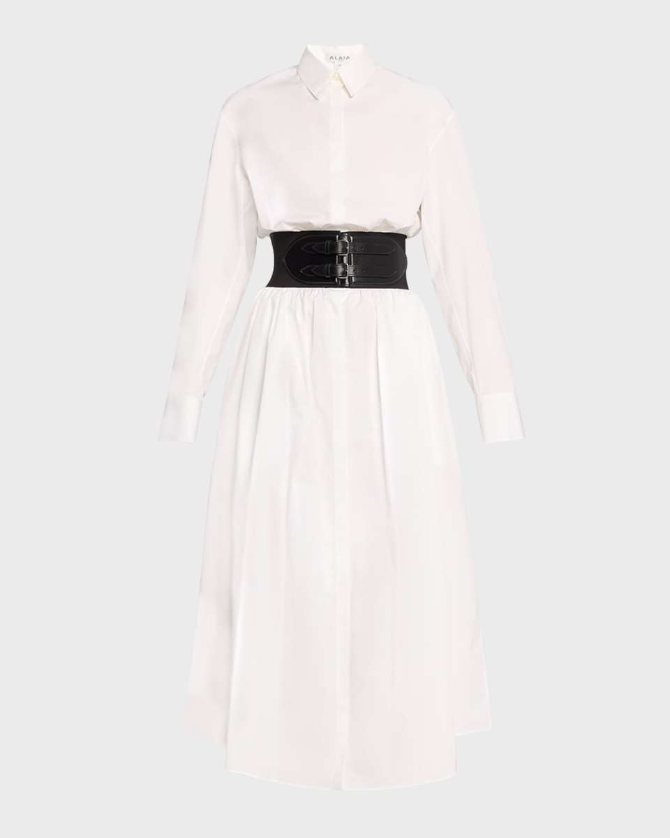 Maxi Button-Front Shirtdress with Leather Belt