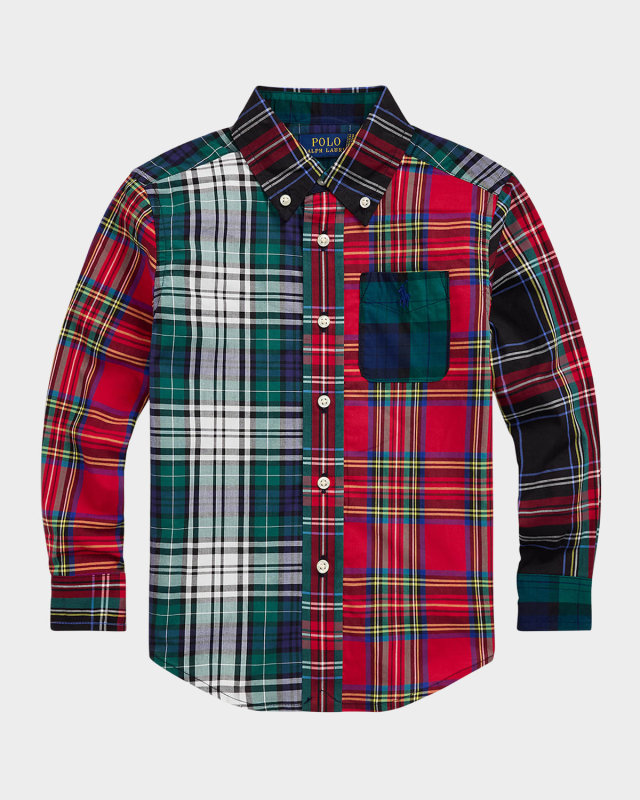 Boy's Two-Toned Plaid-Print Sport Shirt, Size S-
