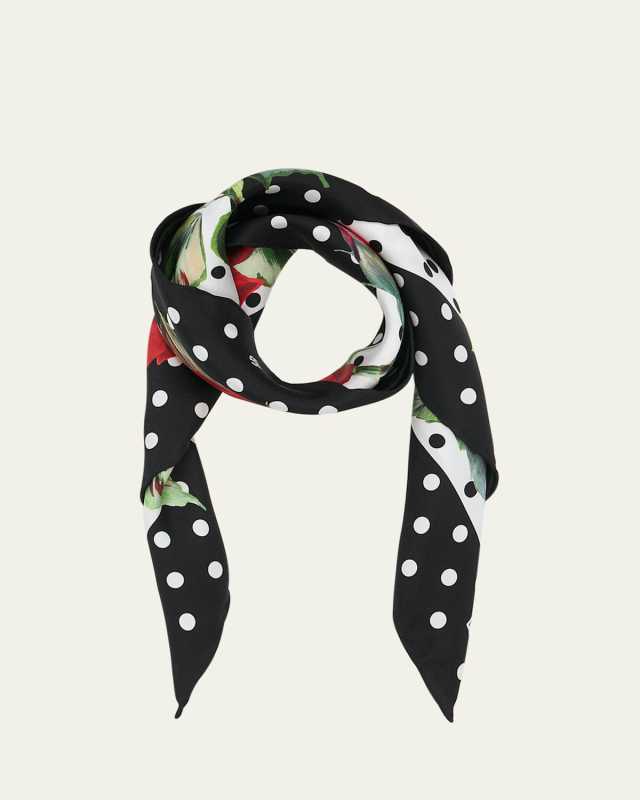 Roses and Polka-Dot Printed Silk Scarf