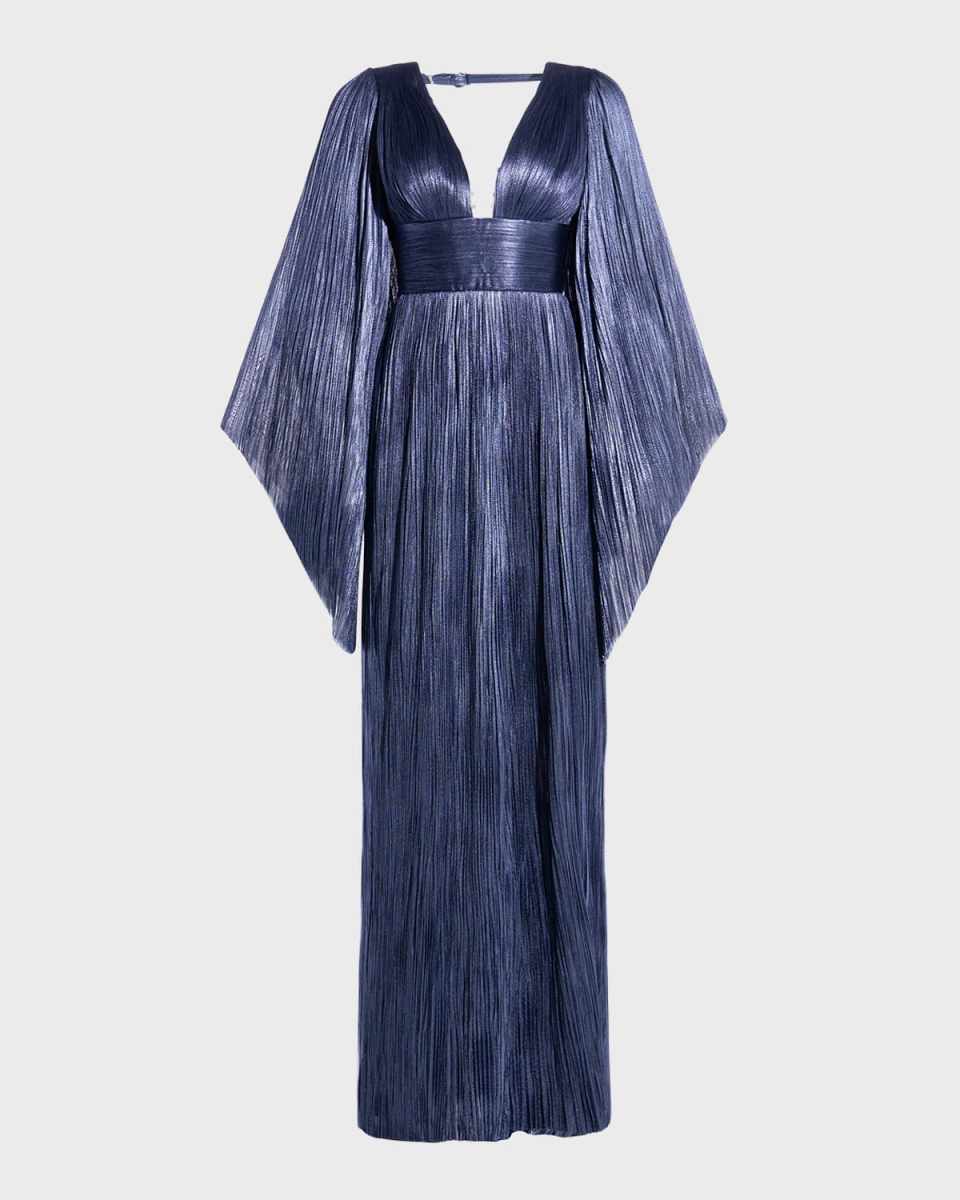 Harlow Plunging Long-Sleeve Laced Backless Metallic Plisse Gown
