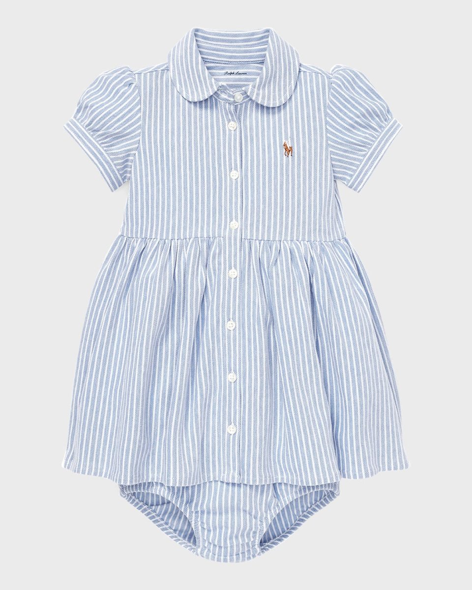 Yarn-Dyed Oxford Mesh Stripe Dress w/ Matching Bloomers, Size 3M-24