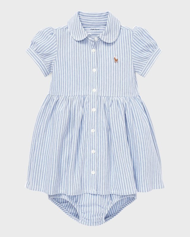 Yarn-Dyed Oxford Mesh Stripe Dress w/ Matching Bloomers, Size 3M-24
