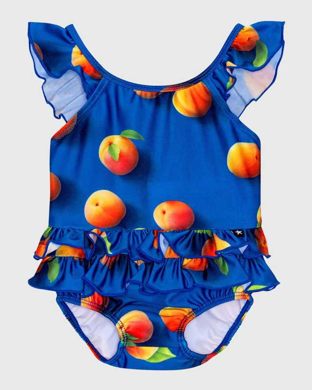 Girl's Nalani Peach-Print Ruffle One-Piece Swimsuit, Size 3M-3