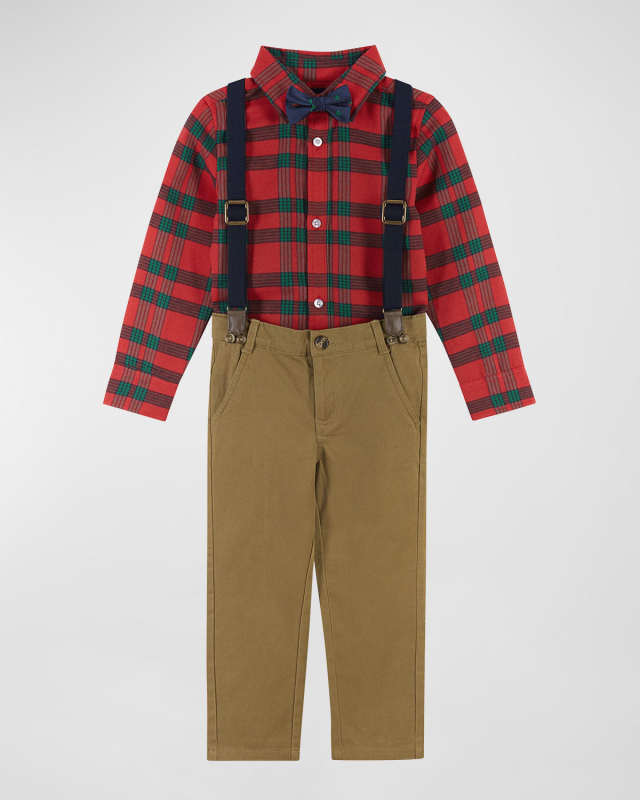 Boy's Flannel Button Down W/ Pants, Suspenders & Bowtie, Size 2-