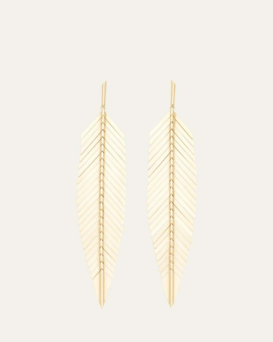 18K Yellow Gold Large Feather Drop Earrings
