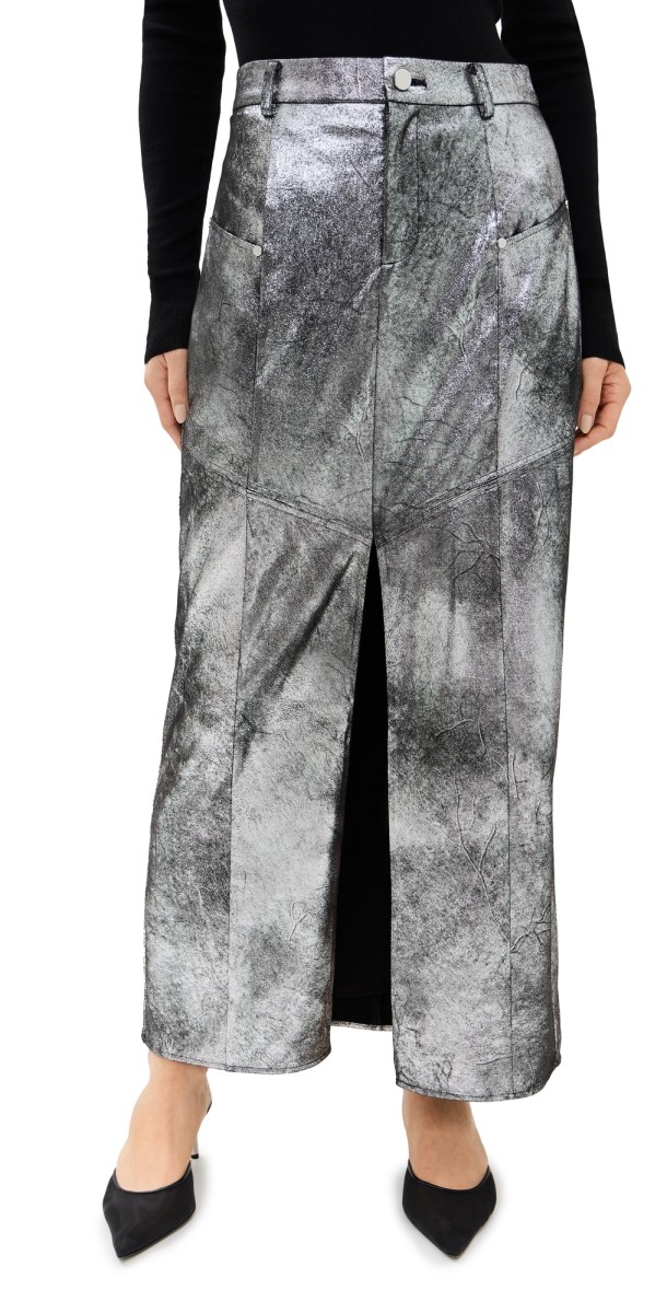 AMUR Jil Midi Faux Leather Skirt Chrome